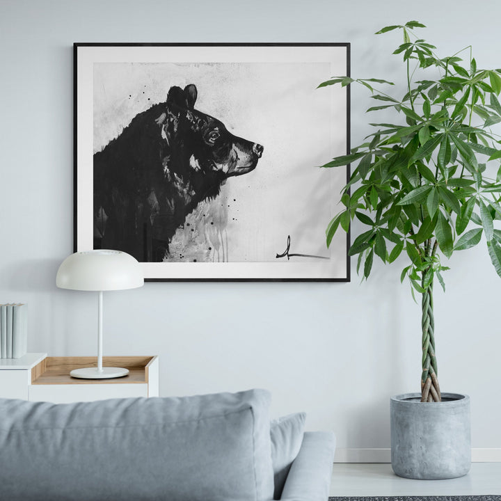 Good News black bear painting in black and white by Andrea Mueller