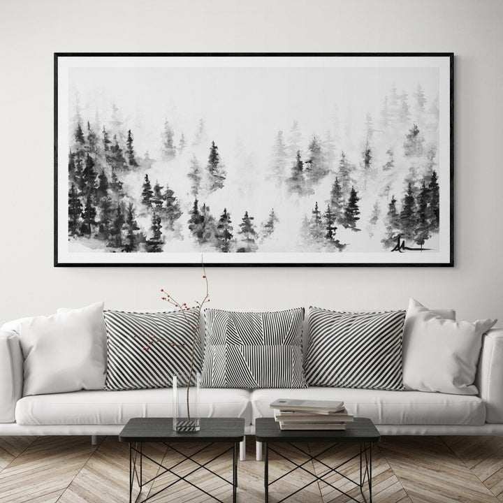 Artwork called Perspective by Andrea  Mueller on wall in front of couch