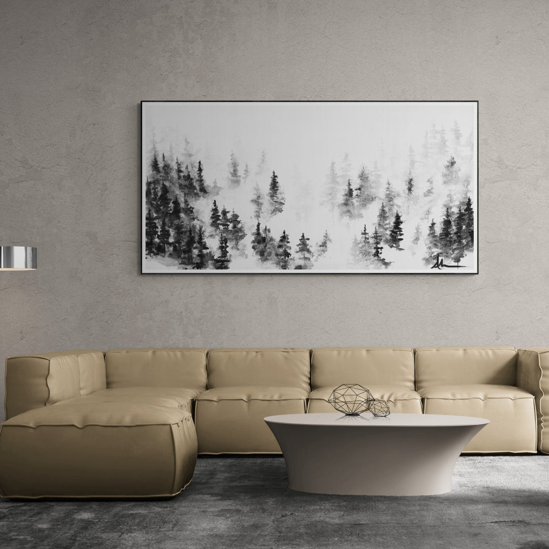 Artwork called Perspective by Andrea Mueller on wall in front of couch