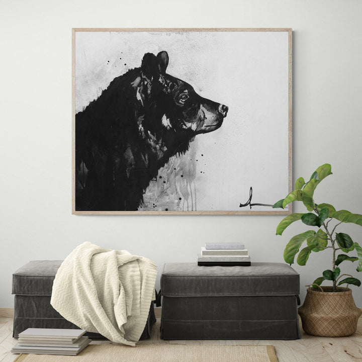 Good News black bear painting in black and white by Andrea Mueller