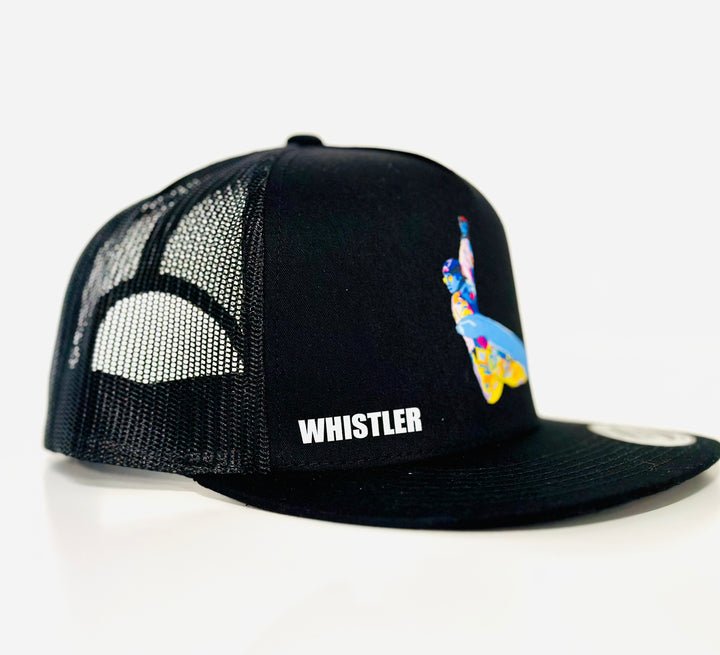 Snowboard Whistler print on flat brim trucker hat by Andrea Mueller